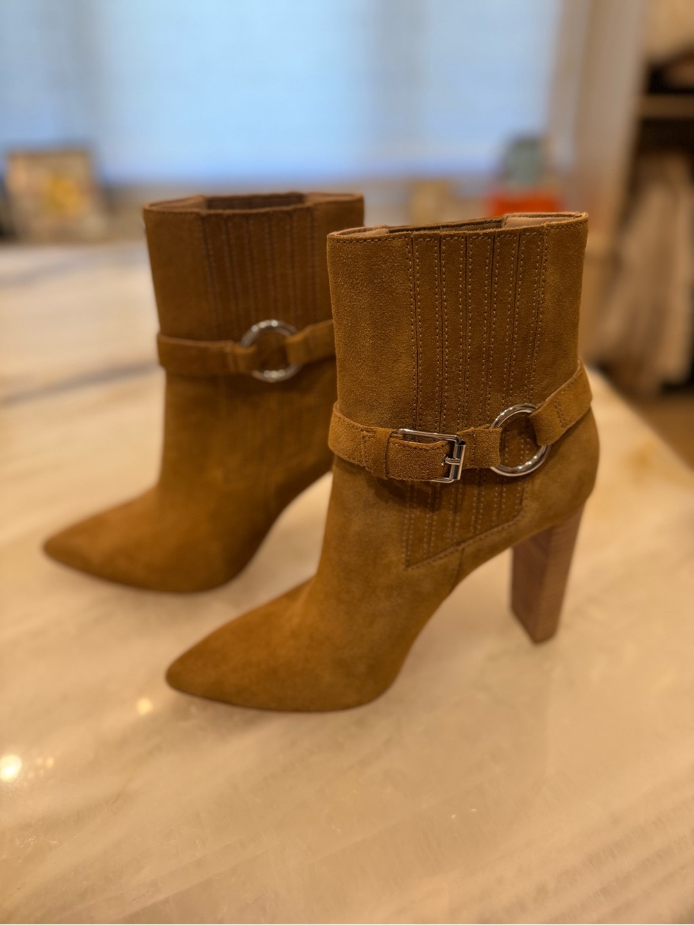 Paige Suede Pointed-Toe Mid-Calf Boot in Cognac
